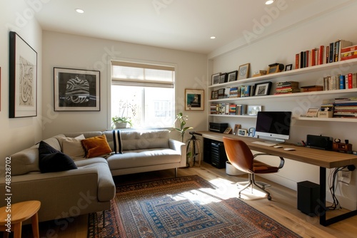 This inviting living room is filled with an array of furniture and an extensive collection of books  A compact and organized home office space in the corner of a living room  AI Generated