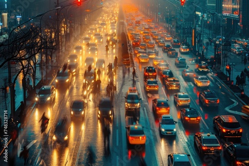 A vibrant city street teeming with cars, bikes, and pedestrians amidst a buzzing urban landscape, A compelling blog post going viral and increasing website traffic, AI Generated photo