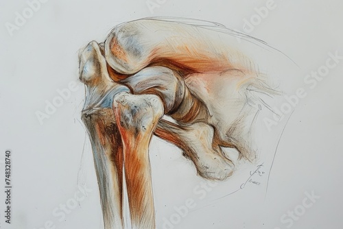 An intricate illustration depicting a knee joint, emphasizing the size and prominence of the underlying bone, A complex drawing showing the anatomy of a twisted knee, AI Generated