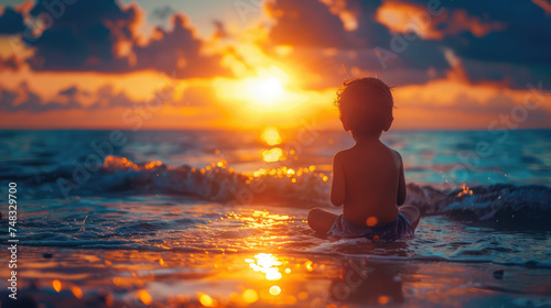 A young child sits peacefully in the shallow beach waters  gazing at the horizon as the sun sets  casting a golden glow on the scene.