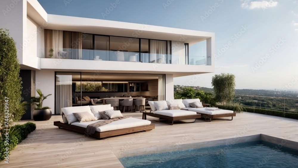 Fototapeta premium Modern villa with a rooftop terrace, providing panoramic views and an ideal space for outdoor entertainment