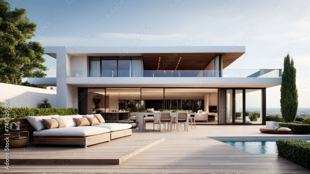 Fototapeta premium Modern villa with a rooftop terrace, providing panoramic views and an ideal space for outdoor entertainment