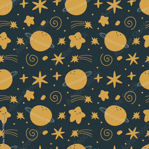 Seamless space pattern. Kawaii stars, planets for kids. Vector pattern for wallpaper, clothing, packaging, wrapping paper, bed linen