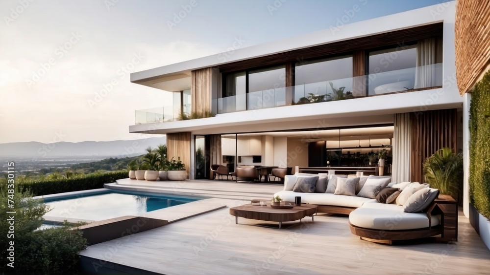 Fototapeta premium Modern villa with a rooftop terrace, providing panoramic views and an ideal space for outdoor entertainment