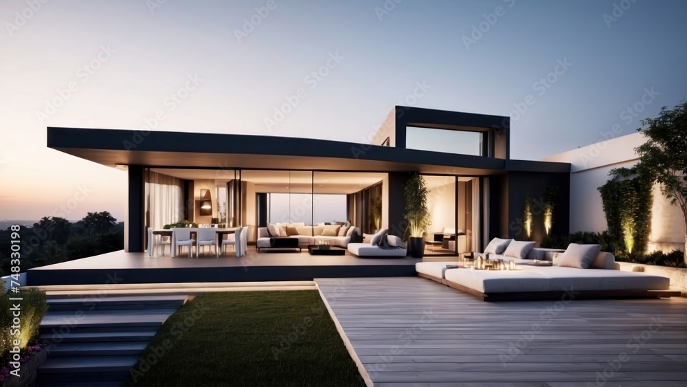 Modern villa with a rooftop terrace, providing panoramic views and an ideal space for outdoor entertainment Modern villa with a rooftop terrace, providing panoramic views and an ideal space for outdoor entertainment