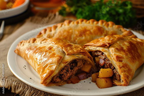 A plate of Cornish pasty, a baked pastry filled with beef, potatoes, onions, and swede photo