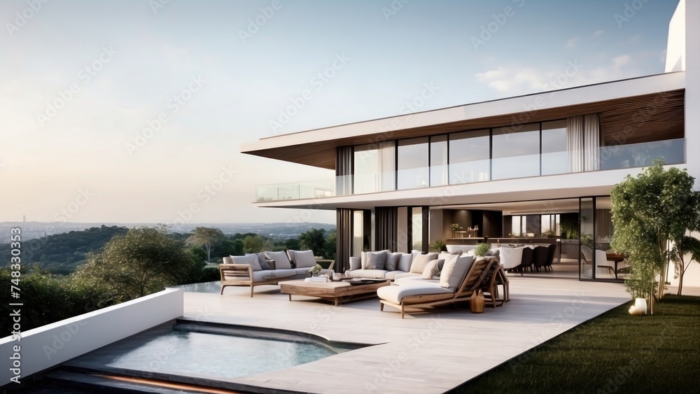 Fototapeta premium Modern villa with a rooftop terrace, providing panoramic views and an ideal space for outdoor entertainment