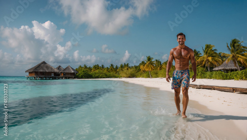 Bellissimo uomo sulla spiaggia di un'isola tropicale in una giornata di sole durante una vacanza
