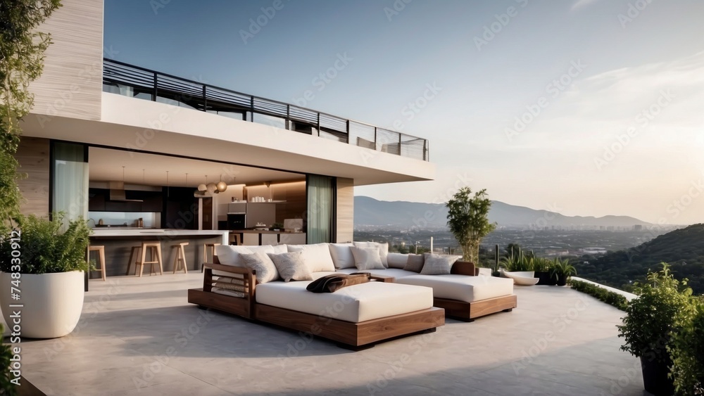 Obraz premium Modern villa with a rooftop terrace, providing panoramic views and an ideal space for outdoor entertainment