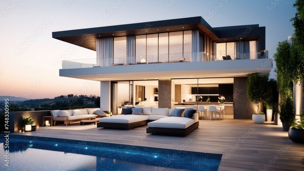 Fototapeta premium Modern villa with a rooftop terrace, providing panoramic views and an ideal space for outdoor entertainment