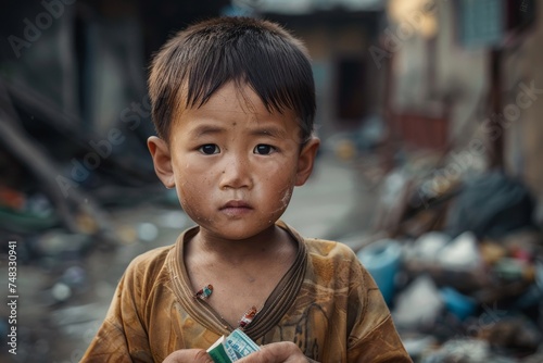 A young Asian boy with a somber look, his face dirty, holding a juice box in a littered backdrop