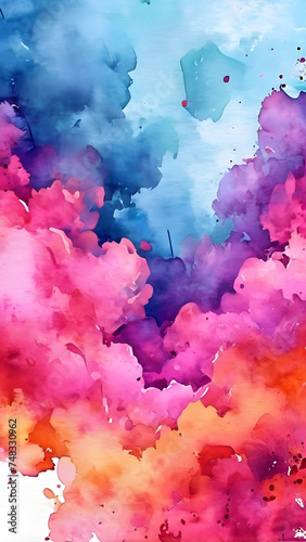 colorful watercolor painted cloud background, 9:16 aspect ratio, pink red, purple, blue, smoke, abstract 