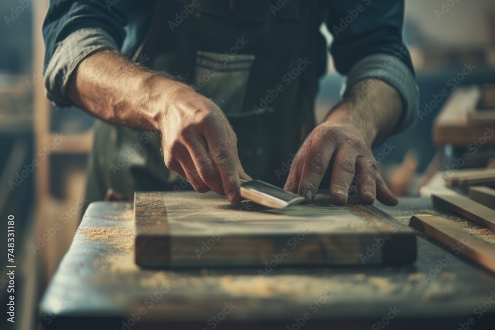 A skilled carpenter meticulously smoothing a wooden surface in his workshop, capturing the essence of craftsmanship and attention to detail A skilled carpenter meticulously smoothing a wooden surface in his workshop, capturing the essence of craftsmanship and attention to detail