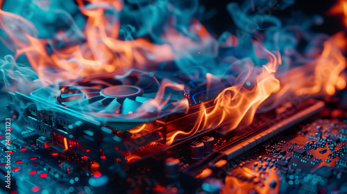 Illustration of a graphics card catching fire and emitting flames and smoke in an alarming scene of malfunction. Concept of serious hardware problem and system damage.