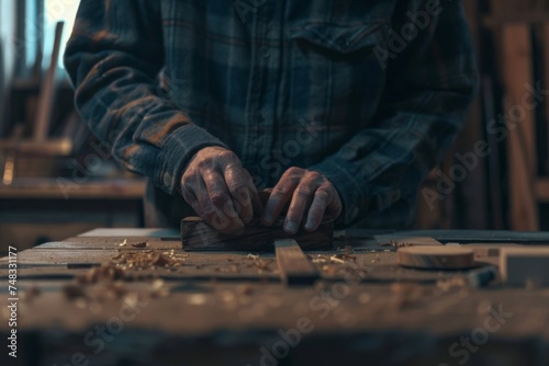 A craftsman's hands expertly shaping a piece of wood with a chisel and mallet in a rustic woodworking workshop