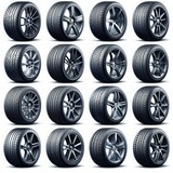 A realistic vector set depicting car tires with various tread marks. This collection of vector wheel icons showcases different tire designs, making it suitable for applications related to tire shops,