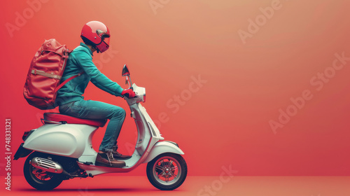 Fashionable man on a vintage-style scooter against a bold red background photo