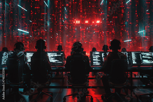 Group of unrecognizable hackers working in big data center at night, generative ai photo