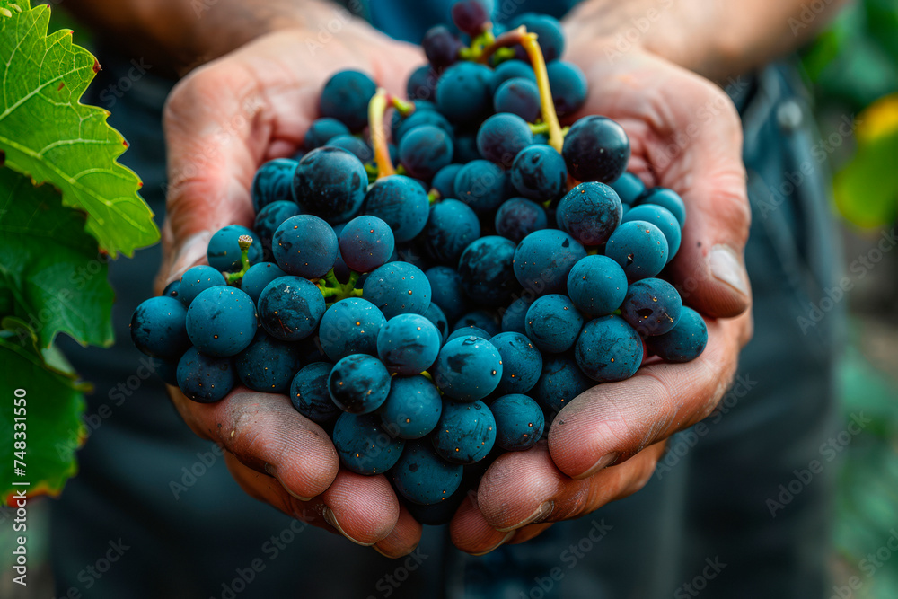 Grapes harvest. Farmers hands with freshly harvested black grapes. Grapes harvest. Farmers hands with freshly harvested black grapes.