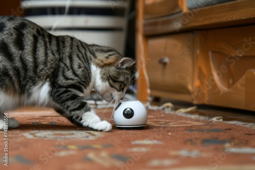 A domestic cat engaged with a modern robot vacuum on a patterned carpet photo