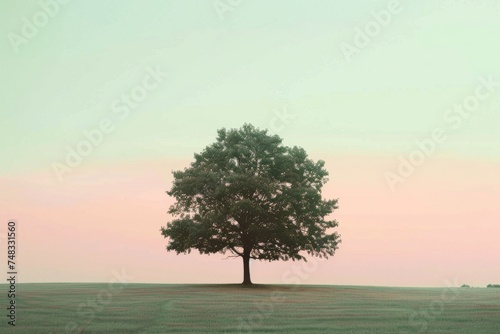 A lone tree stands in a tranquil field, bathed in the soft light of a colorful sunrise, evoking peace and solitude