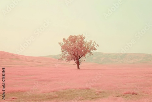 A dreamy landscape with a single tree amid rolling pink hills conveys tranquility and uniqueness