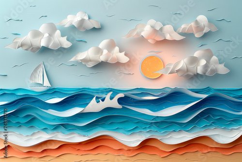 Sea beach with sky and cloud made of paper cut. paper art background.