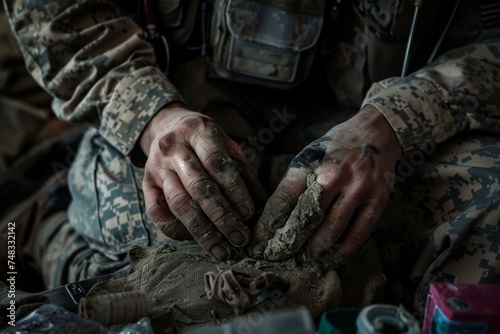 Intense close-up of a soldier's hands captures the raw essence of military life