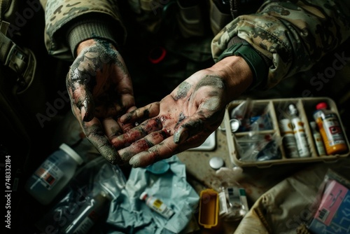 The image captures a soldier's bloody and soiled hands, likely after a medical procedure or in first aid, highlighting the harsh realities of service