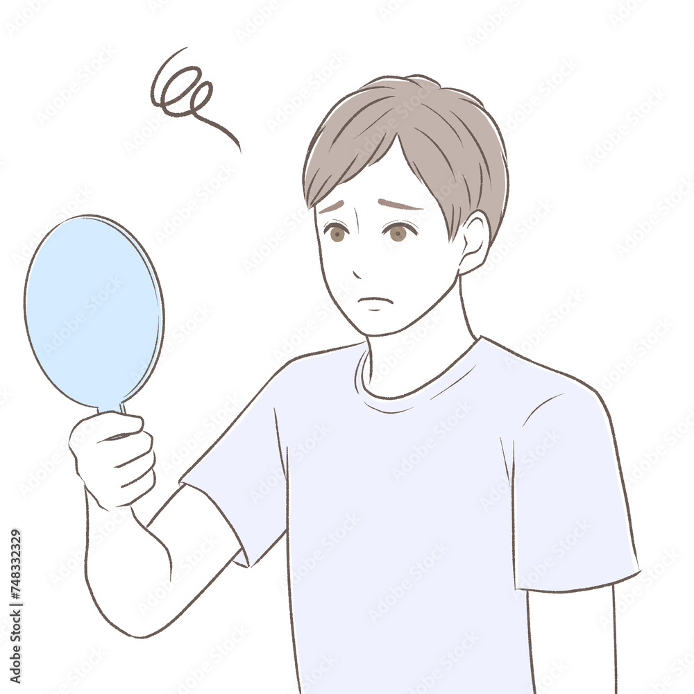 手鏡を持って自分の顔に不満をもっている男性 手鏡を持って自分の顔に不満をもっている男性