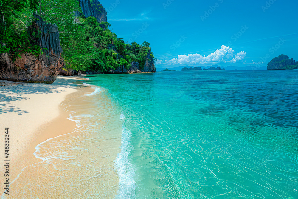 Tropical island paradise - crystal clear waters of the Indian Ocean on a sandy beach with lush palm trees and vegetation.