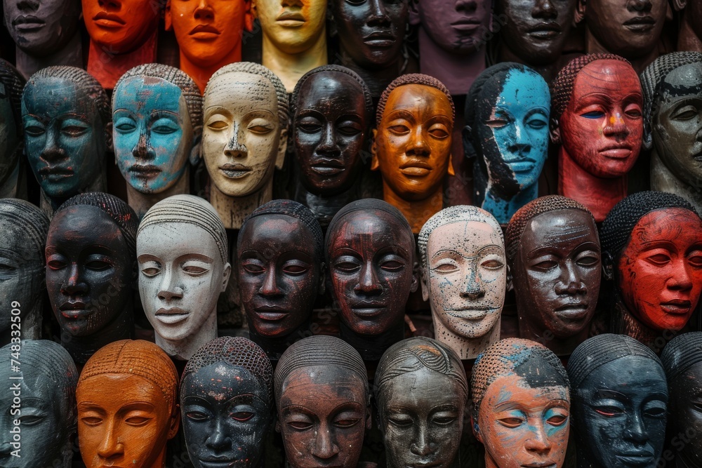 A collection of African masks in a diverse palette showcases cultural diversity and artistry
