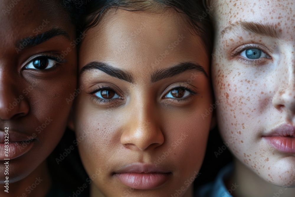 Three women of differing ethnic backgrounds are shown close-up, highlighting human diversity and unity