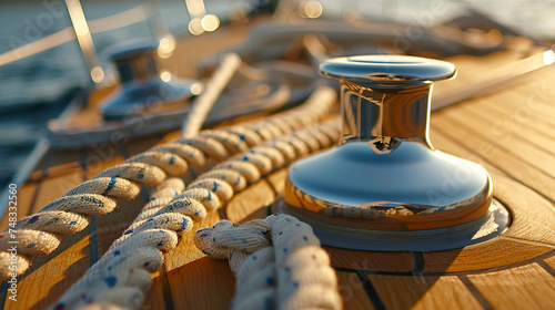 Close-up of a yacht rope cleat securely on the deck of the sailboat. Detailed image of the cleat with a robust and reliable design that guarantees stability and control of the sailboat. photo
