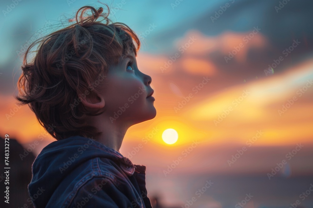 A young child in a denim jacket looks contemplatively at a picturesque sunset, giving a sense of wonder and innocence