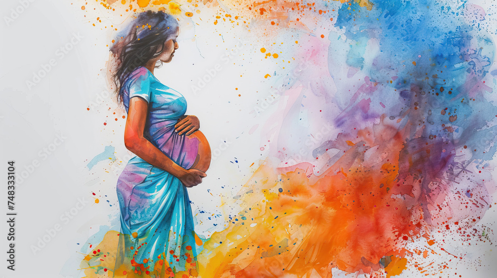 A pregnant woman in despair. depressed pregnant girl on a white background. Nervous breakdown.  watercolor art