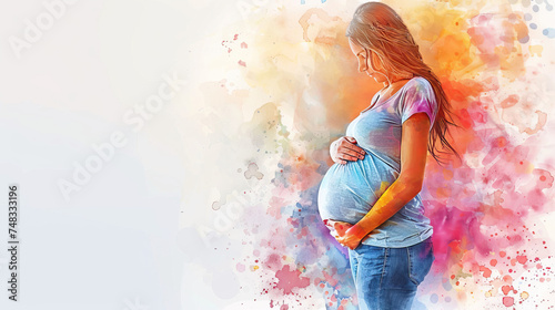 A pregnant woman in despair. depressed pregnant girl on a beige background. Nervous breakdown.  watercolor art photo