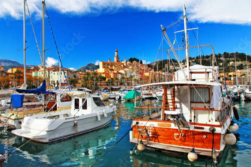 Menton - colorful port town, view with boats