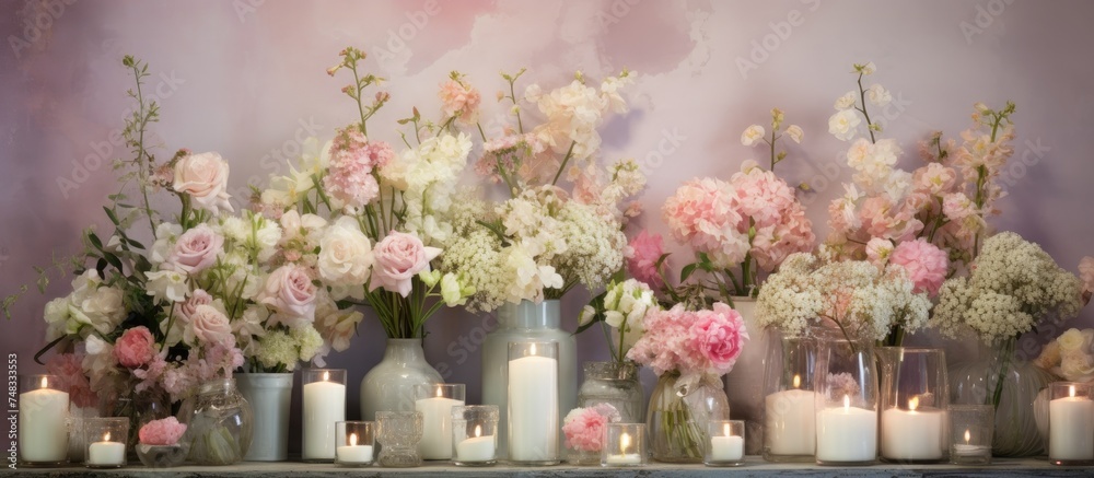 A table is covered with numerous vases filled with flowers, predominantly white and pink, alongside candles, against a wall background.