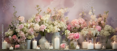 A table is covered with numerous vases filled with flowers, predominantly white and pink, alongside candles, against a wall background.