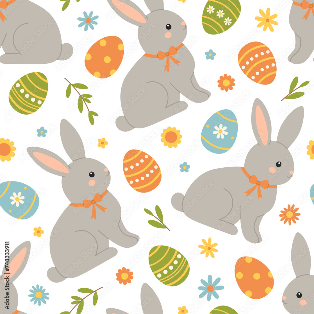 Seamless pattern with easter eggs, rabbit and flowers. Cute holiday background. Vector flat illustration on white