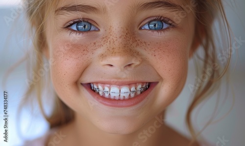 A happy child's smile with healthy teeth with metal braces