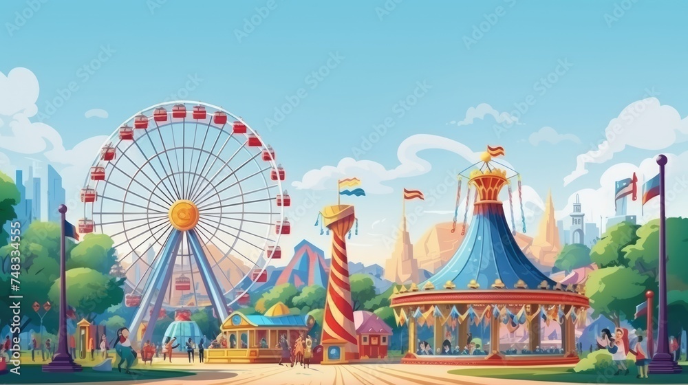 Amidst the vibrant attractions of the children's amusement park, the carousel spins with vibrant energy as kids revel in the sheer delight of the enchanting ride.