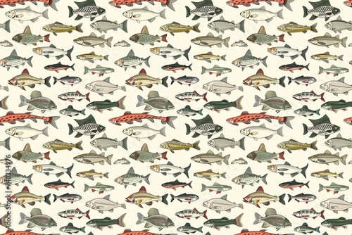 Seamless design with fish. Hand-illustrated underwater world. Illustrated, repeatable coloured art background. Wrapping paper, wallpaper.