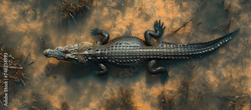 A large alligator is seen floating on top of a body of water, its powerful body and sharp teeth visible as it glides effortlessly on the surface of the water.
