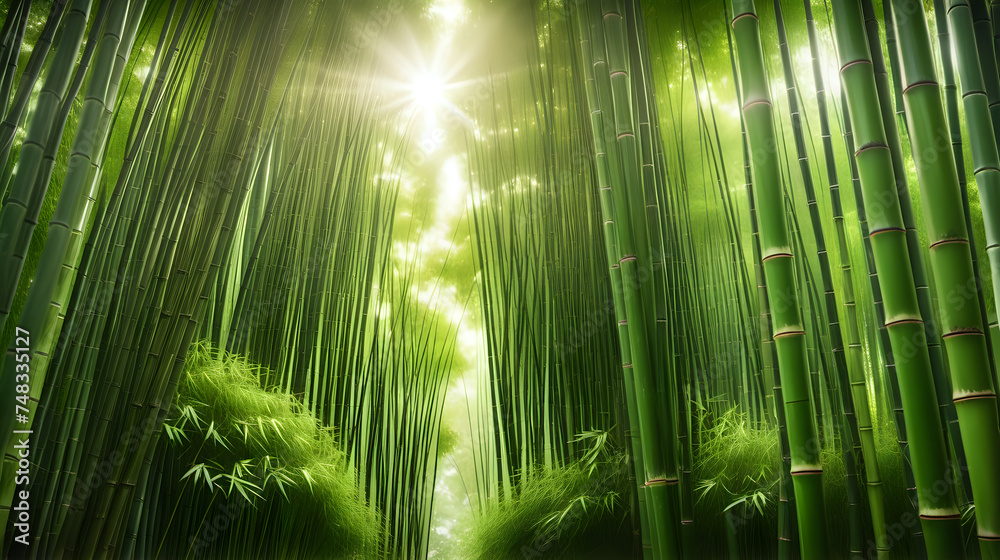 A lush bamboo forest with towering green stalks filtering soft sunlight. A lush bamboo forest with towering green stalks filtering soft sunlight.