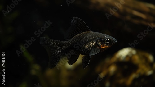 Close-up of Black Molly on a black background in an aquarium.