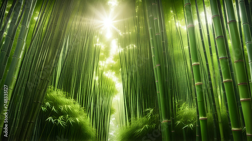 A lush bamboo forest with towering green stalks filtering soft sunlight.