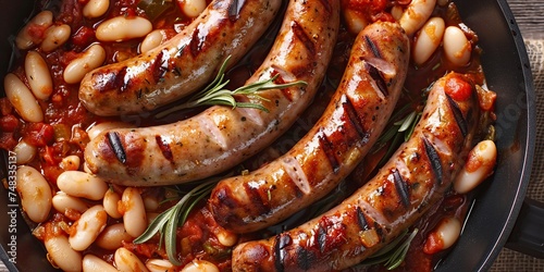 roasted sausages with baked white beans in tomato sauce photo
