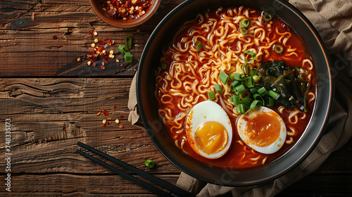 ramen or Noodles or chow mein Indo-Chinese recipe with egg, served in a bowl or plate with wooden background. photo